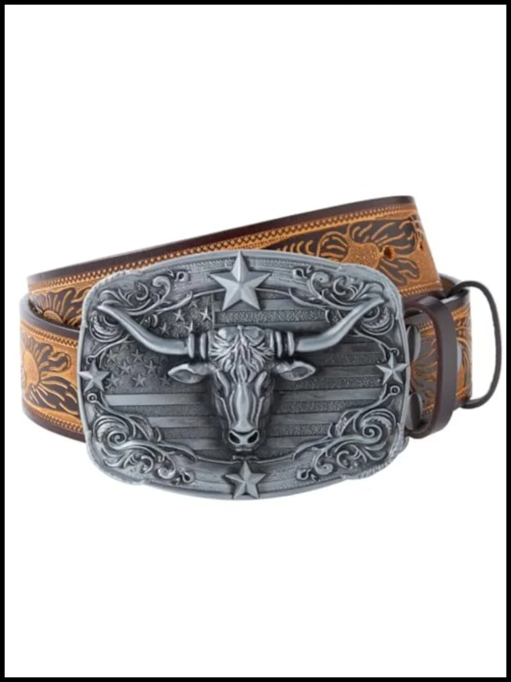 Men's Western Leather Belt with Engraved Buckle - Brown – Adjustable